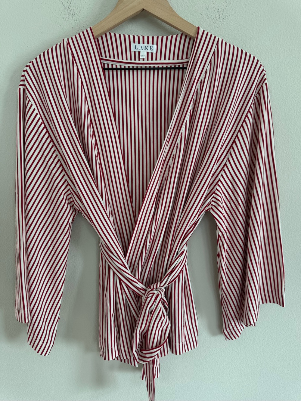 LAKE Pajamas Dream Modal Kimono Wrap Top Red White Stripe Small